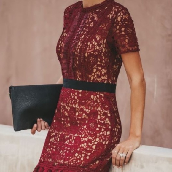 DO + BE Burgundy Wine Embroidered Lace Fit & Flare Knee-Length Cocktail Dress - Picture 5 of 8